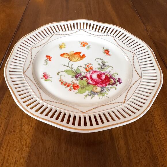 Bavarian Floral Plate Reticulated Hand Painted Bouquet Gold Trim Rim Garland - Picture 5 of 13